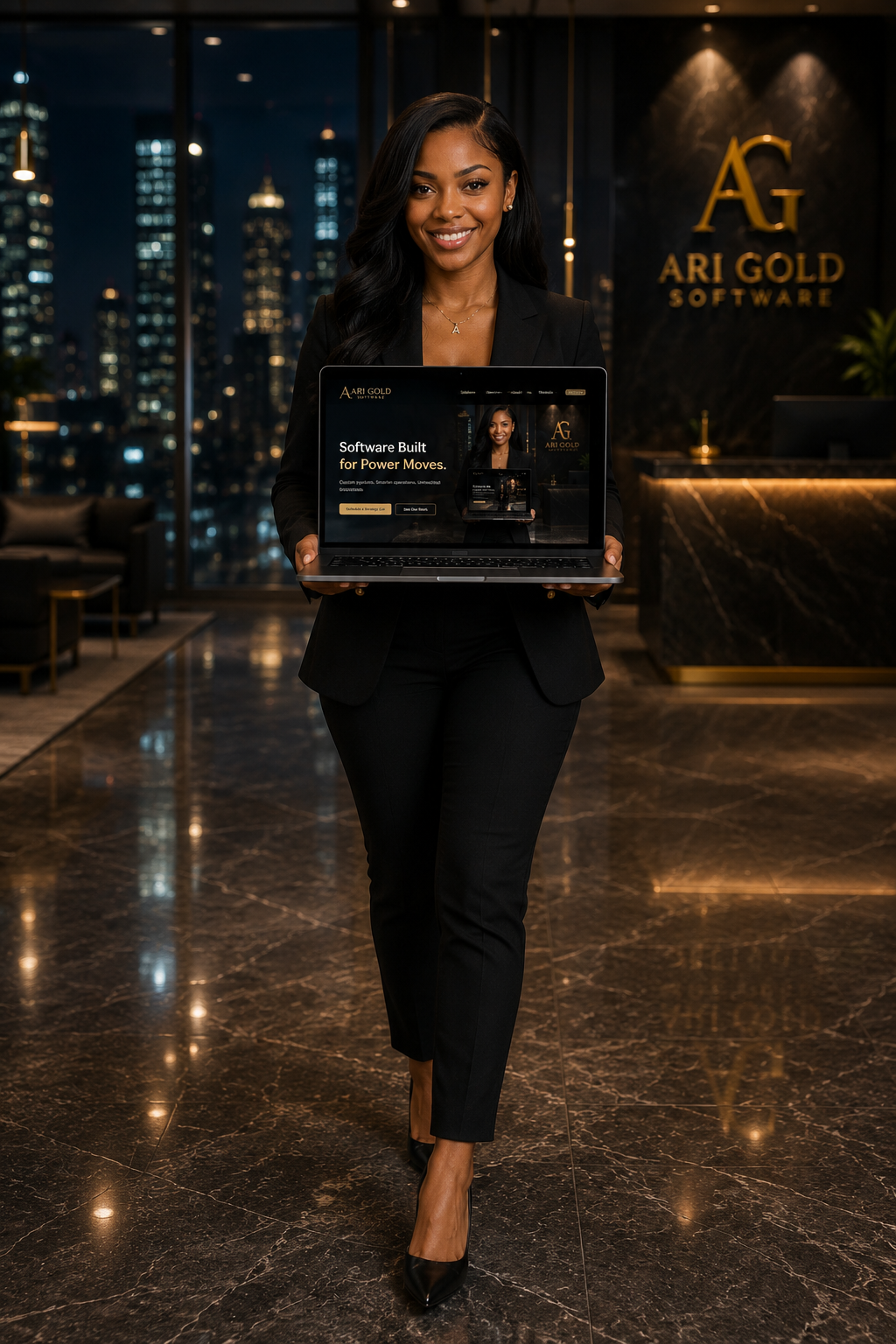 Ariella Gold, Ari Gold Software Executive AI Assistant standing in premium office holding laptop